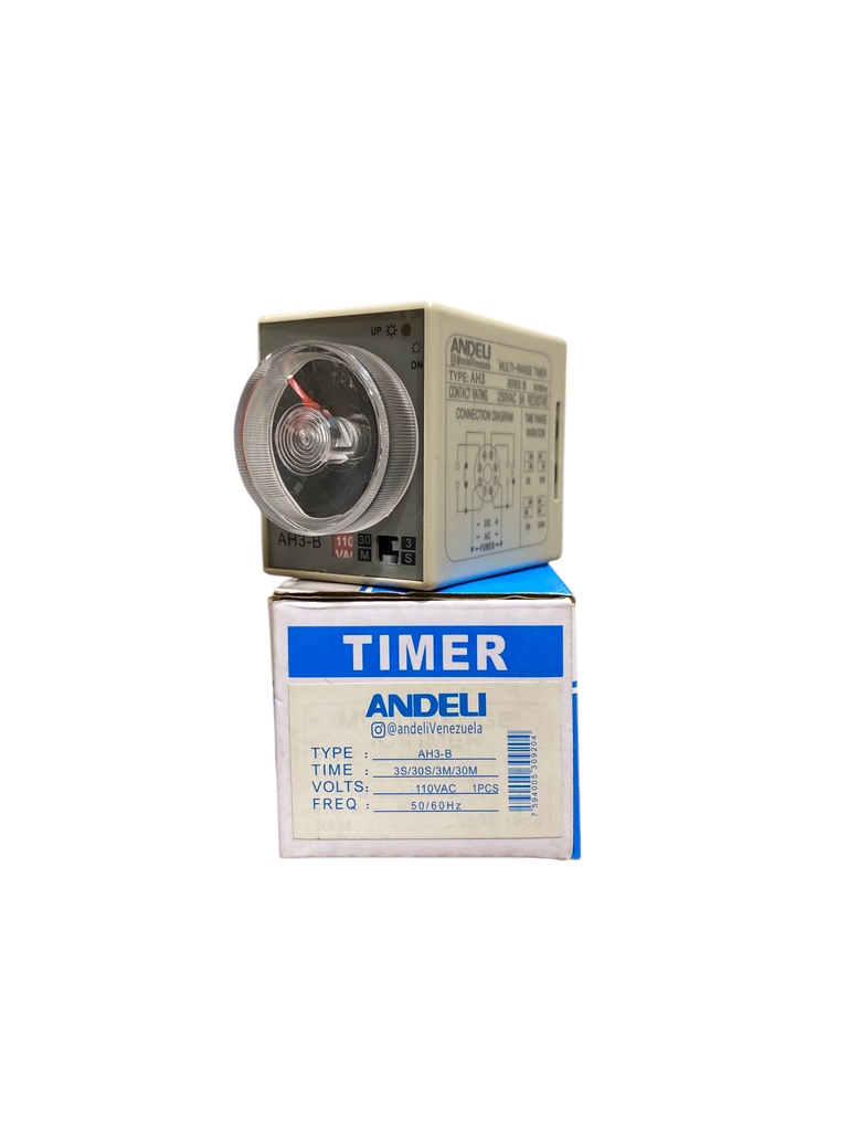 TEMPORIZADOR ON-DELAY, ANALOGICO DE RANGO MULTIPLE 8 PINES AH3-B 110V ANDELI 